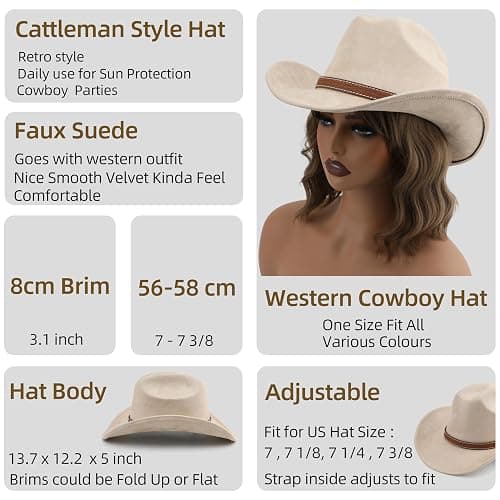 Melesh Western Cowboy Hat for Women Men Small Short Wide Brim Beach Cowgirls Cattleman Cowboys Hats thumbnail 4