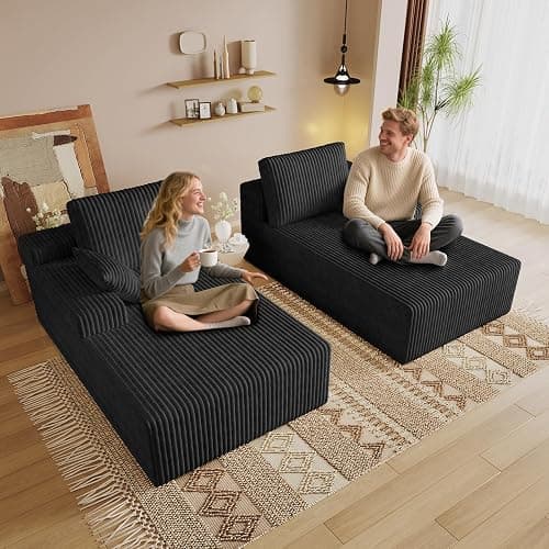Oversized 80" Double Chaise Lounge Chair Futon Sofa Bed Boneless Cloud Couch Sleeper Sofa, Flannel Upholstered Floor Sofa Modular Sectional Loveseat with 2 Throw Pillow & Backrest Pillow, Black thumbnail 8