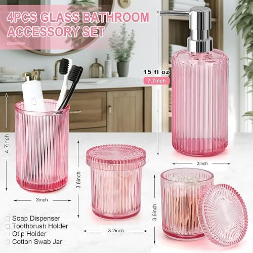 Pink Bathroom Accessories Set, 4 Pcs Glass Bathroom Accessory Set, Pink Soap Dispenser and Toothbrush Holder Set, Qtip Holder Set, Vintage Bathroom Sink Set, Cute Bathroom Decor thumbnail 2