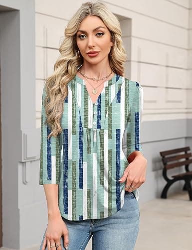 IECCP 3/4 Length Sleeve Womens Tops Dressy Casual Henley V-Neck Summer Tops | Business Casual Outfits,Cute Pleated T-Shirts,Loose Fit Tunics,Soft Lightweight Basic Tees,Work Blouses,2026 Fashion Clothes thumbnail 3
