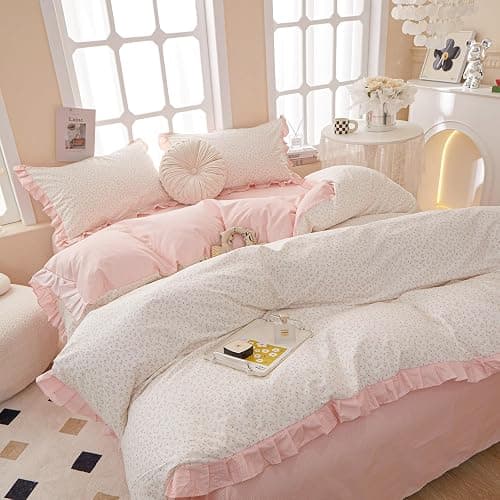 Pink Floral Duvet Cover Full 100% Cotton Ruffle Duvet Cover Girls Princess Lace Bedding Set Botanical Flower Comforter Cover with Zipper Closure Vintage Country Bedding Cottagecore Duvet Cover Set thumbnail 5