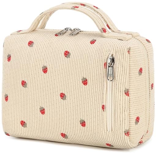 Bluboon Makeup Bag Zipper Pouch Travel Toiletry Bag Portable Cosmetic Bag Organizer for Women and Girls(Strawberry Corduroy Beige) thumbnail 8