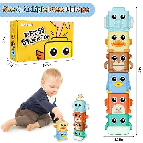 BASUN Stacking Toys Set for Toddlers 18+ Months, 6 in 1 Infant Sensory Toys with Changing Expressions, Pressable Animal Stacking Blocks, Christmas Birthday Gifts for 1 2 3 4 Years Old Baby Boys Girls thumbnail 2