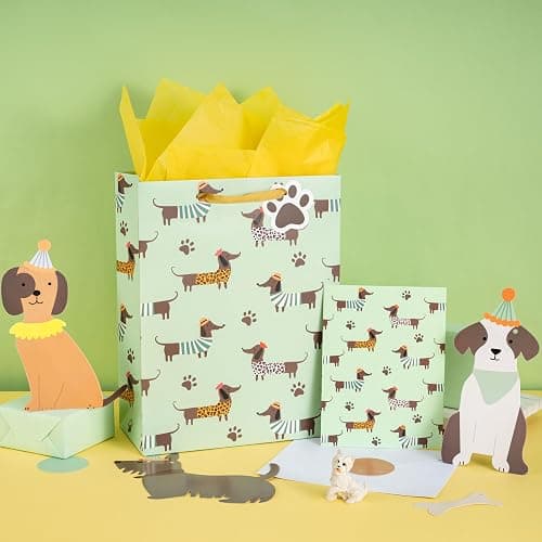 Loveinside Dachshund Gift Bag for Boys Girls, Cut Sausage Dog Dressed-Up Design with Paw Prints, Green Medium Gift Bag with Tissue Paper, Tag, Card for Birthday, Pet Party, 10" x 5" x 13", 1 Pcs thumbnail 3