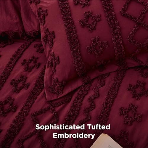 Bedsure Tufted Boho Comforter Set Queen Size - Burgundy Boho Bed Set, GentleSoft™ 3 Pieces Farmhouse Shabby Chic Embroidery Bedding, Gifts for Woman, Soft Jacquard Queen Comforter for All Seasons thumbnail 4