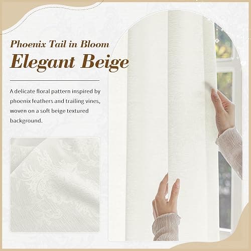 FMFUNCTEX Beige Semi Sheer Curtains for Bedroom, Floral Jacquard Voile Light Filtering Privacy Curtains 84 Inches Long for Living Room, Voile Light Filtering Privacy Window Drapes Rod Pocket 2 Panels thumbnail 4