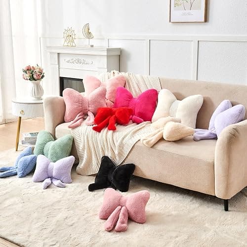 Mepherl Pink Bow Pillow,12'' Bow Shaped Pillow with Faux Rabbit Fur,Soft Bow Throw Pillows Aesthetic Bow Decorative Pillows for Bed Sofa Couch Home Decor thumbnail 6