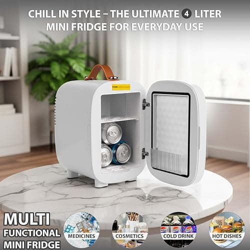 Crystals 4/10/15L Litre Mini Fridge, Table Top Small Fridge Cooler & Warmer for Car Bedrooms Desk Office, 12V DC - 220 AC, Mini Fridge for Bedrooms (LED Mirror [Design: 2] - WHITE, 4L Lights) thumbnail 6