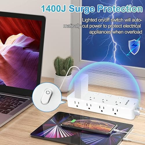 Surge Protector Power Strip 15 ft Cord - 8 Widely AC Outlets 4 USB (2 USB C), Flat Plug Extension Cord with Individual Switches, Wall Mount, Desk Charging Station for Home Office, 1400J thumbnail 5