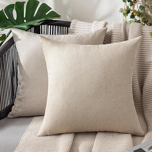MIULEE Pack of 2 Decorative Outdoor Solid Waterproof Throw Pillow Covers Faux Linen Garden Farmhouse Cushion Cases for Patio Tent Balcony Couch Sofa 18x18 Inch Beige - Image 1