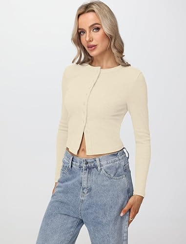 Matunana Womens Long Sleeve Tops Fall Lightweight Cardigan Cropped Going Out Shirts Ribbed Button Down Cute Trendy 2025 thumbnail 3