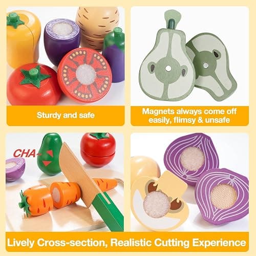 Wooden Play Food Set for Kids Kitchen | Cutting Veggies & Fruits Toy Food Set with Storage Case & Bag, Play Kitchen Accessories, Pretend Play Food for Toddlers 3+ thumbnail 5