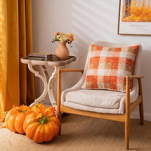 AQOTHES Plaid Fall Throw Pillow Covers Orange 18x18 Inch Set of 2 | Boucle Decorative Pillow Covers, Autumn Cozy Fluffy Home Farmhouse Decor, for Living Room Sofa Couch Bed, Holiday Decorations thumbnail 4
