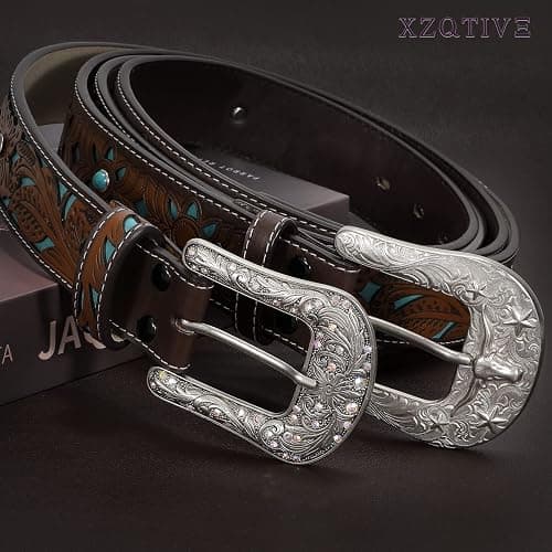 XZQTIVE Women Men Genuine Leather Belt Vintage Ladies Western Belt Engraved Tooled Leather Belt Cowboy Cowgirl Country Belt thumbnail 5