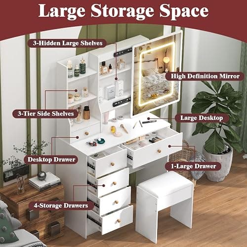 Umeiga Vanity Desk with Sliding Mirror and LED Lights, Small Makeup Vanity Table Set with Chair and Drawers, White Vanity with Lighted Mirror for Bedroom, Dressing Table for Teen Girls and Women thumbnail 5