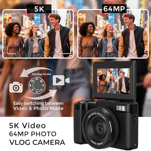 5K Vlogging Camera with WiFi 64MP 4K Digital Camera for Photography Vlog Camera with Flip Screen Video Camera for YouTube with Selfie Light, Desk Tripod, Batteries thumbnail 2