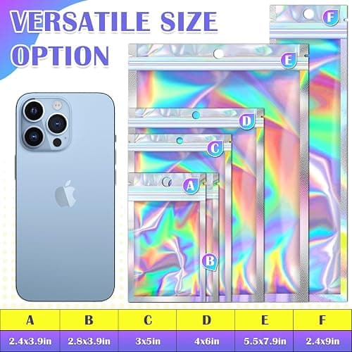 JETMORE 100 Pcs Holographic Mylar Bags, Smell Proof & Resealable Bag for Small Business, Foil Freshie Bags for Treat,Jewelry, Candy, Keychain, Package, Christmas Gift Bags, Goodie Baggies (3x5in) thumbnail 6