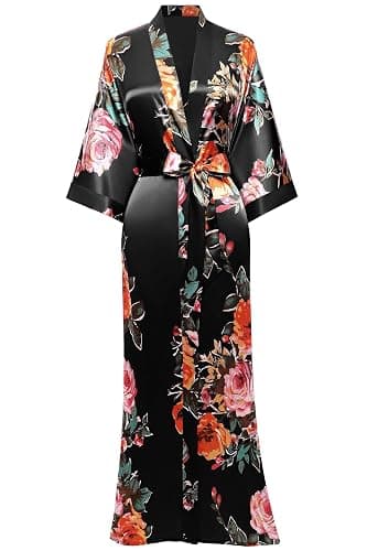 BABEYOND Women's Kimono Robe Long Satin Silky Floral Lightweight Bridesmaid Wedding Bachelorette Party Robe - Image 1