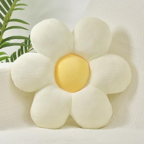 FSRONGXI Daisy Flower Pillow, Decorative White Throw Pillows, Cute Floor Cushions, Aesthetic Preppy Room Decor Cushion for Bed, Sofa, Chair 38cm (White & yellow) - Image 1