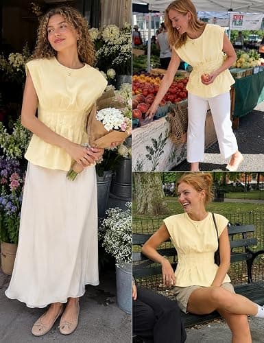 Yegthou Women's Peplum Tops Short Sleeve Summer Blouses T-Shirts Dressy Casual Crew Neck Pleated Babydoll Top for Work thumbnail 7