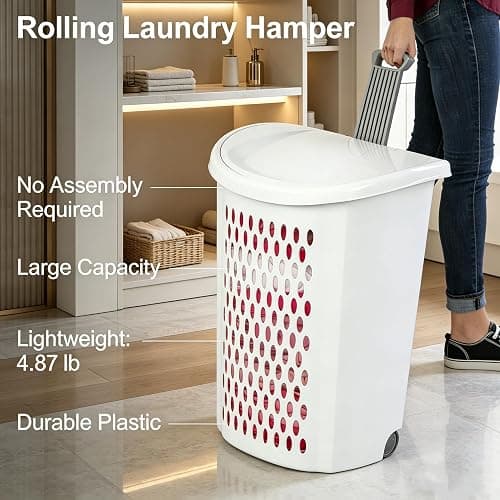 Laundry Basket with Wheels, Lid, and Handles for Easy Rolling, Dirty Clothes Organizer, White, 1 Pack thumbnail 4