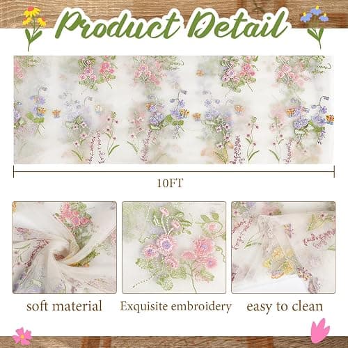 Windkream Ivory White Wildflower Table Runner 10ft Embroidery Tulle Floral Spring Table Runner, Seasonal Summer Butterfly Kitchen Dining Decoration for Wedding Baby Bridal Shower Birthday Party thumbnail 3