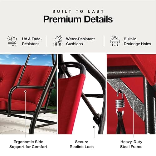 Porch Swing - 3-Seat Patio Outdoor Swing with Canopy for Adultes, Convertible Glider Bed, Thick Removable Cushions & Pillows for Backyard, Porch, Garden - Burgundy thumbnail 8
