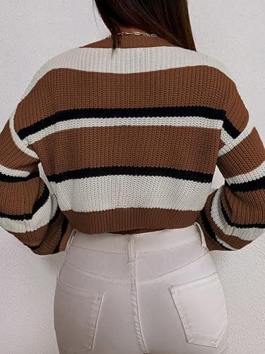 ZAFUL Women's Color Block Striped Sweater Crew Neck Lantern Sleeve Cropped Sweaters Casual Loose Knitted Tops thumbnail 5