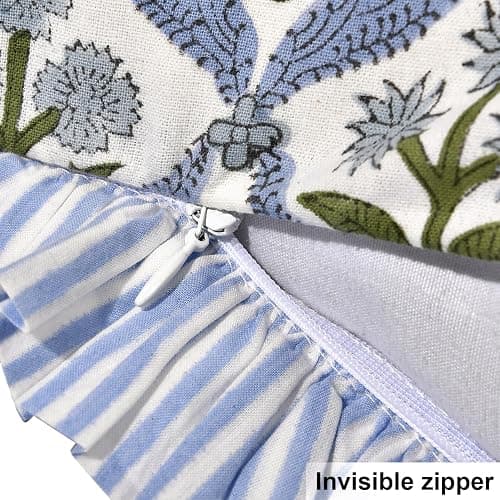 Ridhi Light Steel Blue Floral Block Print Throw Pillow Covers 18 x 18 Inch | Set of 2 100% Cotton Cushion Covers with Ruffle Edge, Zipper closure,Farmhouse Boho Decor for Sofa,Couch, Bed & Living Room thumbnail 3