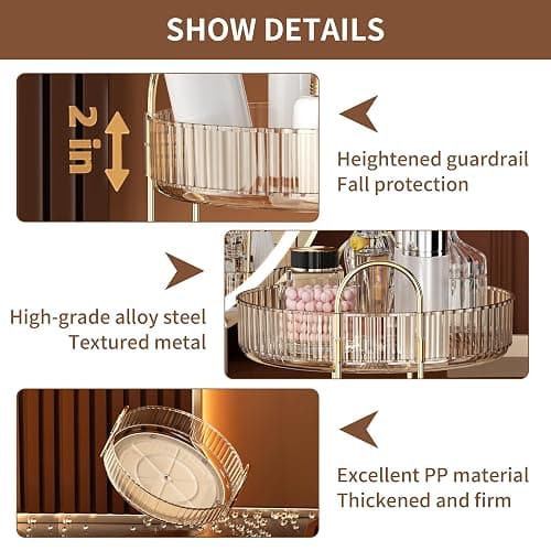 YCIA&DONE 360 Rotating Makeup Organizer and Storage for Vanity Countertop 2 Tiers, High Capacity Cosmetic Skincare Perfume Organizers for Dresser Bathroom Lazy Susan (Amber Gold) thumbnail 5