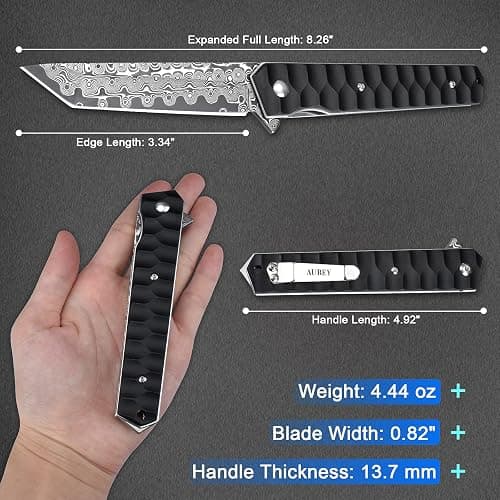 AUBEY Damascus Pocket Knife with Clip, Tanto Blade Damascus Steel Folding Knives for Men Tactical, Aluminum Handle with Glass Breaker for EDC Camping Gift thumbnail 2