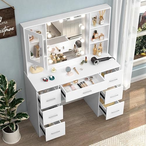 Makeup Vanity with Lights and Mirror, Large Vanity Desk with Drawers Makeup Table with Lighted Mirror, 3 Lighting Colors, Modern Vanity Dressing Table for Bedroom (Sliver Handle -K3U44) thumbnail 3