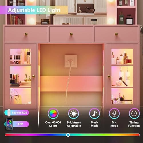 HUANLEGO Pink Vanity Desk with Mirror and Lights, Glass Top Vanity with Lighted Mirror & RGB Glass Cabinet and 3 Drawers, Makeup Vanity Desk with Lights Dressing Table for Bedroom, 3 Color Modes - Pink - 43.3x15.7x55.7 in thumbnail 6