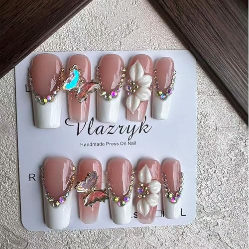 Luxury Handmade Press on Nails - Long Square White French Tips Press on Nai,l with Almond 3D Rhinestones, Flowers & Butterflies, Acrylic Multi-Layer Gel False Nails for Women (10Pcs) thumbnail 3