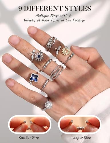 sailimue Anxiety Ring Fidget Ring for Women Men Spinner Fidget Rings for Anti Anxiety Adjustable Open CZ Flower Bead Stress Relieving Spinning Rotatable Rings 9 Pcs thumbnail 7