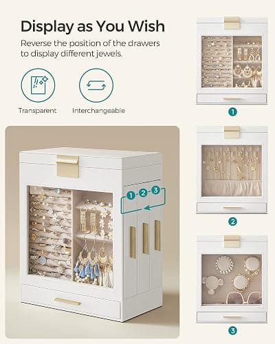 SONGMICS Jewelry Box with Glass Window, 5-Layer Jewelry Organizer with 3 Side Drawers, Jewelry Storage, with Big Mirror, Modern, 6.1 x 10.3 x 12.6 Inches, Cloud White and Metallic Gold UJBC162W01 thumbnail 4