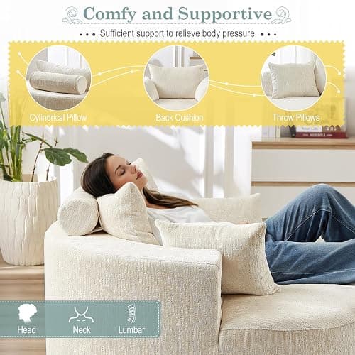 Oversized Round Chaise Longue Chair Indoor, Modern 55-inch Upholstered Chenille Deep Seat Circle Single Cloud Lounge Floor Sofa Chair for Living Room, Bedroom Apartment, Beige thumbnail 4
