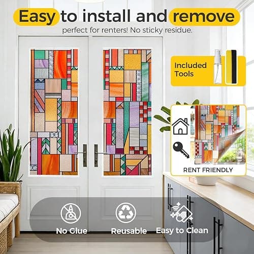 OHTMERU 3D Stained Glass Window Privacy Film, Heat Control UV Blocking Static Cling Decorative Window Film for Bathroom,Front Door,Home Non Adhesive,16.9 x 39.3 inches Autumn Reverie thumbnail 6