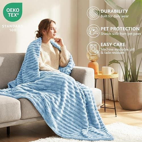 HIMEET Light Blue Ribbed Throw Blanket for Couch - 300GSM Lightweight Soft Fleece Blanket for Women Men, Cozy Blankets for Mothers Gifts, Striped Spring Home Room Decor, Light Blue, 50x60 Inches thumbnail 4