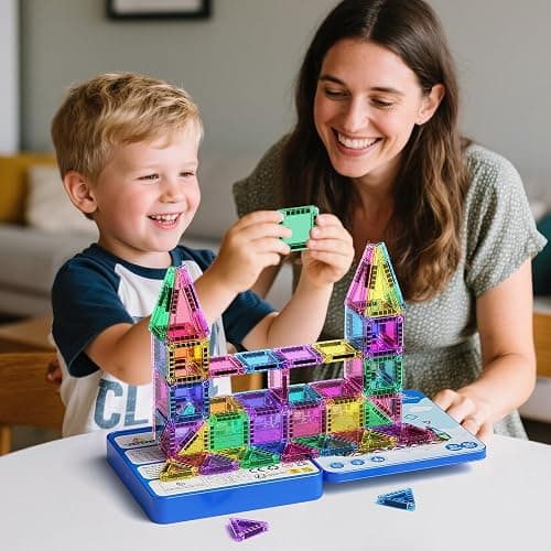 JSDKFJSA 60-Piece Mini Magnetic Tiles Set with Iron Box - Ideal Travel Puzzle Toys for Toddlers Aged 3-5, Montessori STEM Building Blocks, Educational Birthday Gift thumbnail 5