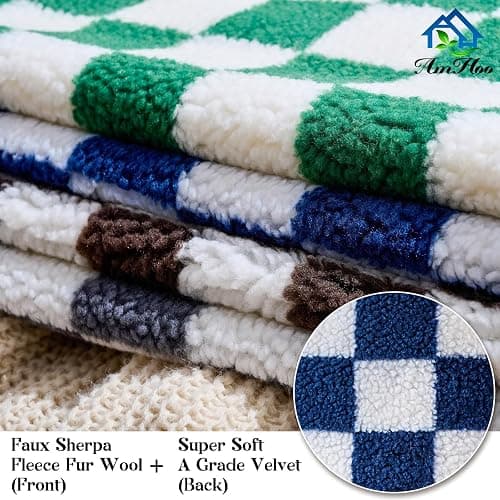 AmHoo Pack of 2 Decorative Throw Pillow Covers Checkerboard Luxury Super Soft Faux Fur Wool Set Case Cushion for Couch Sofa Bedroom 18 x 18-Inch Navy Blue thumbnail 7