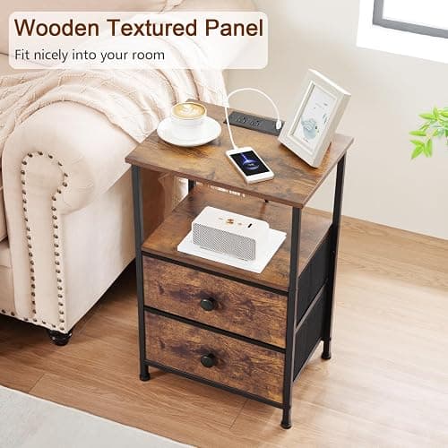 LOAKEKEL Night Stand Set 2, Nightstand with Charging Station, End Tables with Storage Shelf for Small Spaces, Bedside Table Side Tables with 2 Fabric Drawers for Bedroom, Rustic Brown, HETS020PBR thumbnail 8