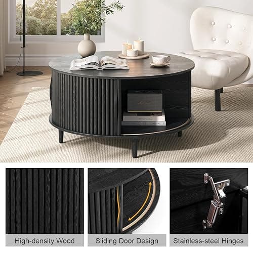 JOINICE,Black Round Coffee Table with Storage, 31.5" Fluted Center Table with Sliding Door, Modern Circle Drum Accent Table for Living Room, Sleek Wood Furniture for Small Spaces & Apartments thumbnail 5