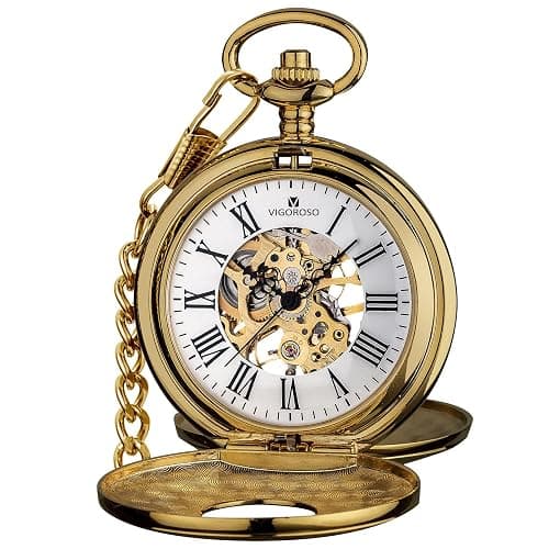 VIGOROSO Vintage Hand Wind Up Pocket Watches for Men, Mechanical Pocket Watch with Chain, Mens Skeleton Pocketwatch thumbnail 2