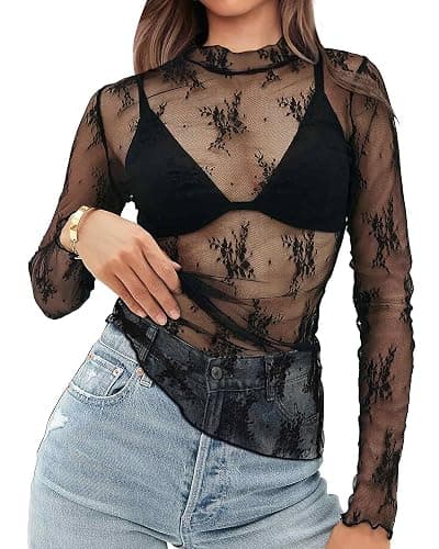 OFEEFAN Womens Long Sleeve Mesh Top See Through Mock Neck Sheer Blouses - Image 1