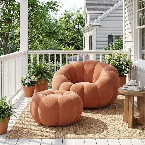 Hohamn Giant Bean Bag Chair with Ottoman, Pumpkin Shaped Boneless Chair | Plush cloud fleece fabric, ideal cozy seating for bedroom & living room, perfect reading lounge chair for daily relaxation thumbnail 9