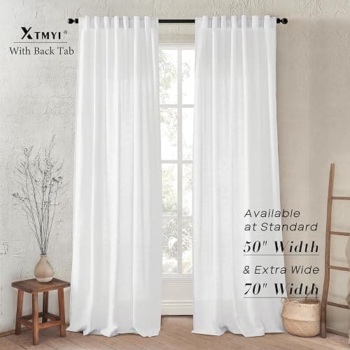 XTMYI White Curtains 84 Inches Long,Linen Semi Sheer Boho Light Filtering Textured Farmhouse Cotton Curtains for Bedroom Living Room 2 Panels Set,Back Tab Hooks Pleated thumbnail 3