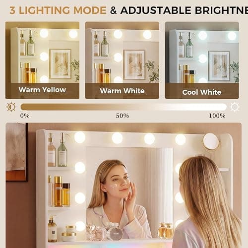 LUCKRACER Vanity Desk with LED Lights Mirror & Charging Station, Makeup Vanity with Storage Drawers and Shelves, Modern Dressing Table for Women Girls Bedroom, Ivory White thumbnail 5