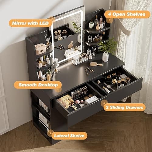 Airfish Dressing Table with LED Light,Vanity Desk with Mirror and Concealed LED Light Strip, MakeUp Desk with Two Drawers and One Sideboard (Black) thumbnail 5