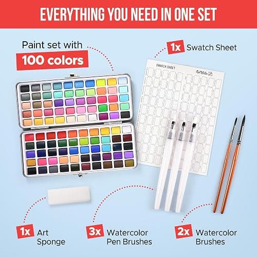 Watercolor Paint Set 100 Vibrant Colors for Adult Beginner Professional | With Metallic Colors. Travel Size Water Color Art Kit Palette for Adults & Beginners. Portable Watercolors, Artist Gifts Idea thumbnail 4